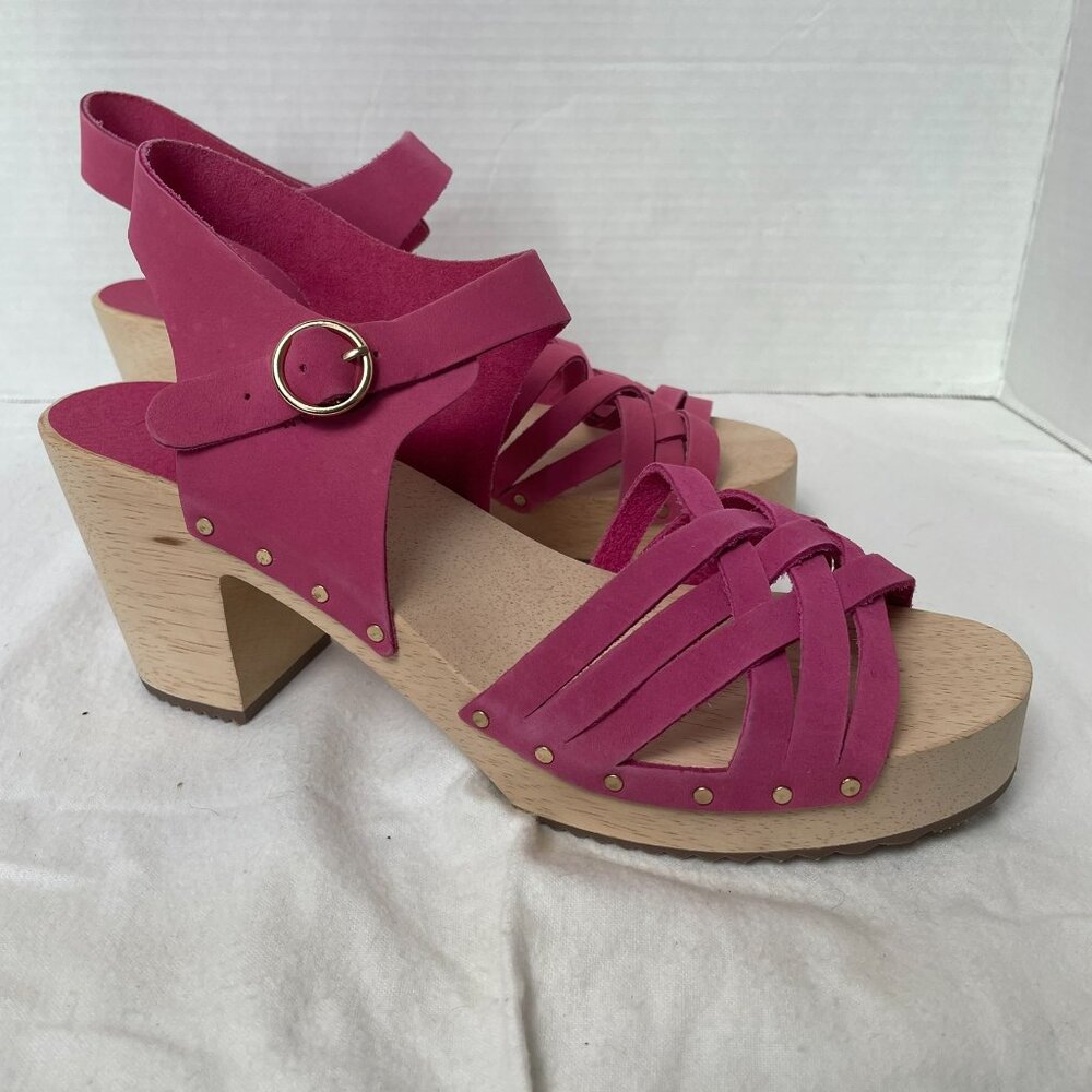 Loft Pink Woven Leather Platform Wood Clog Sandals - Picture 3 of 10